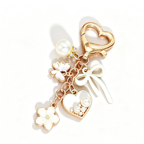 Sweet Style Zinc Alloy Oil Drip Flower Keychain With Butterfly Heart Shaped Pearl Pendant Cute Keychain Accessory