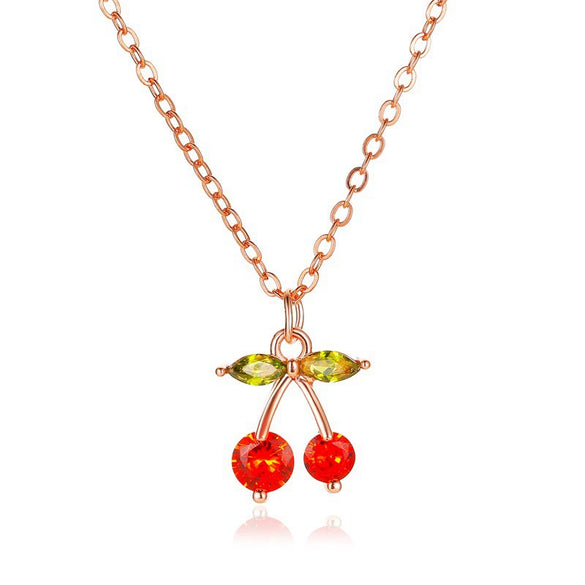 Sweet Temperament Fruit Cherry Copper Women's Necklace With Zircon Inlay And Electroplating Cross Chain