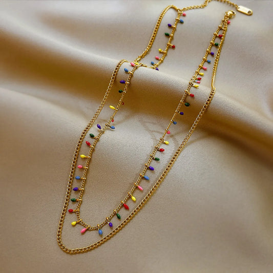 Sweet Water Droplets Stainless Steel Tassel Chain Zircon Necklace 1 Piece