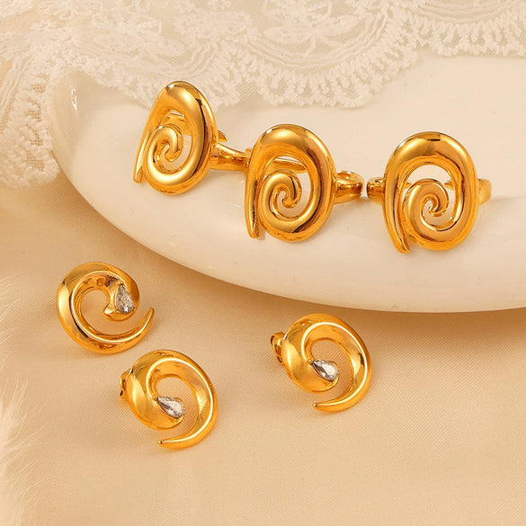 Swivel Thread Gold Plated Titanium Steel Earrings And Ring Set With Diamond Design Sense And Electroplating Treatment For Women