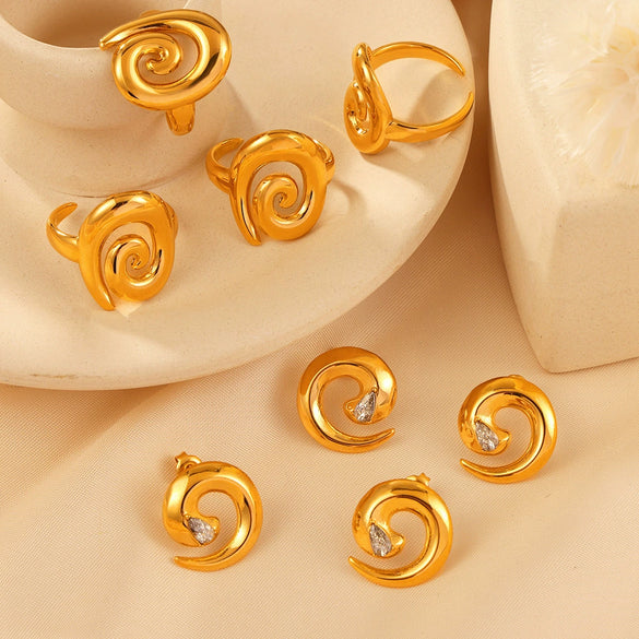 Swivel Thread Gold Plated Titanium Steel Earrings And Ring Set With Diamond Design Sense And Electroplating Treatment For Women
