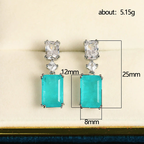 Synthetic Paraiba Sapphire Earrings Copper Geometric Zircon Inlaid