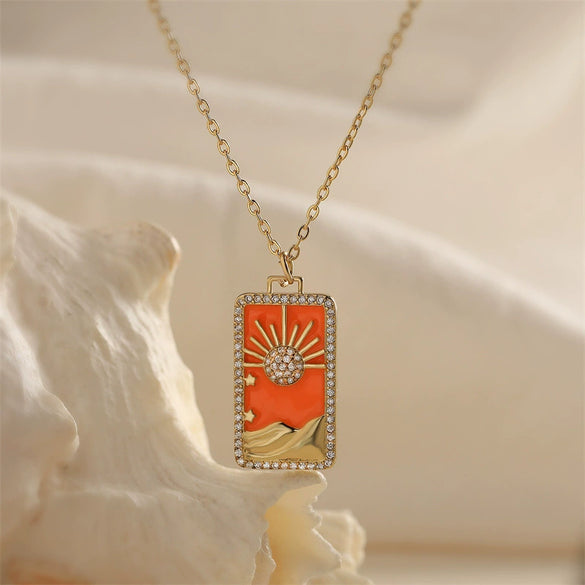 Tarot Card Pendant Necklace Copper Dripping Oil Style With Geometric Animal Zodiac Pattern Microinlaid Colored Zircon On O Chain For Women