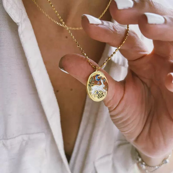 Tarot Necklace Titanium Steel With Hand Painted Oil Dripping Rabbit Element Oval And 18K Gold Color Electroplating