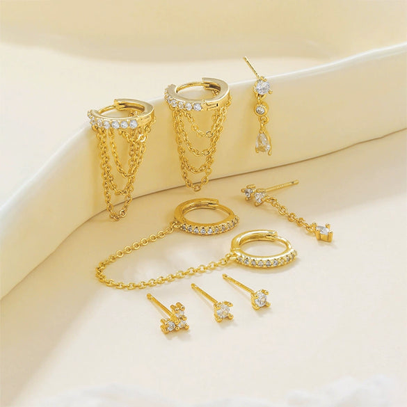 Tassel Chain Drop Shape S925 Silver Needle Earrings Copper Light Luxury Style With Zirconia For Women
