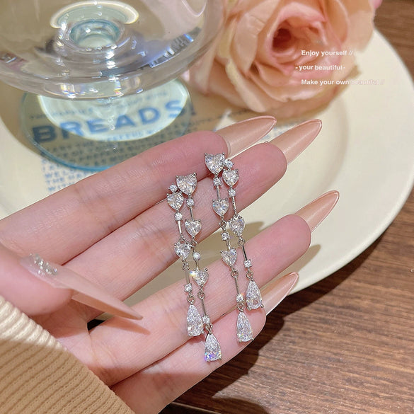 Tassel Water Drop Zircon Earrings Light Luxury Highend Electroplated Jewelry For Women