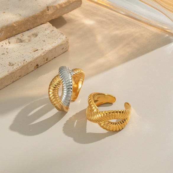 Textured Openended Colorblocking Thread Ring In Stainless Steel With Geometric Design And Electroplating For Women