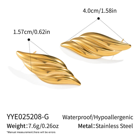 Textured Striped Leaf Stainless Steel Earrings With Geometric Pattern And Electroplating For Women