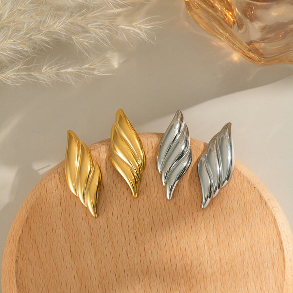 Textured Striped Leaf Stainless Steel Earrings With Geometric Pattern And Electroplating For Women