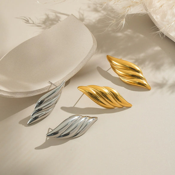 Textured Striped Leaf Stainless Steel Earrings With Geometric Pattern And Electroplating For Women