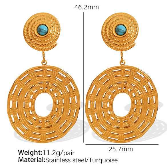 Threaded Disc 316L Stainless Steel Inlaid Natural Stone Earrings With Geometric Design And Electroplating Treatment