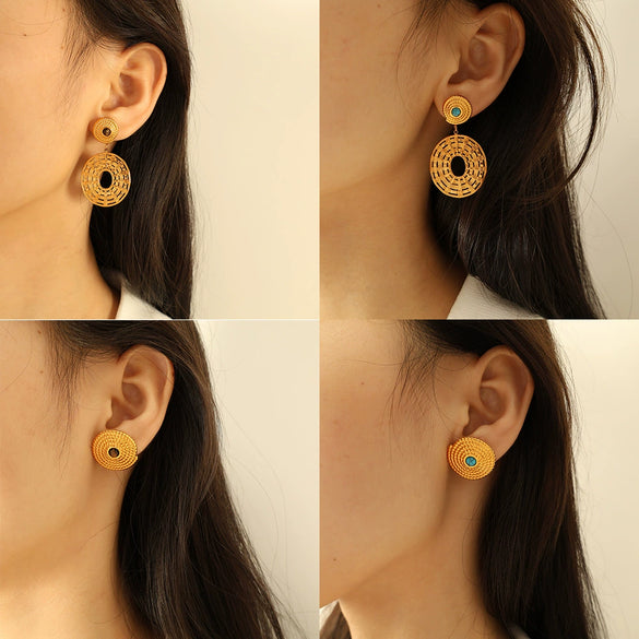 Threaded Disc 316L Stainless Steel Inlaid Natural Stone Earrings With Geometric Design And Electroplating Treatment
