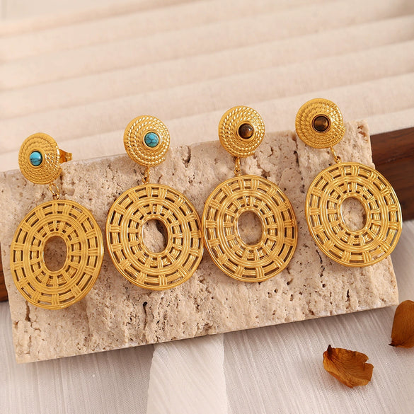 Threaded Disc 316L Stainless Steel Inlaid Natural Stone Earrings With Geometric Design And Electroplating Treatment