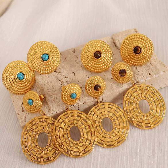 Threaded Disc 316L Stainless Steel Inlaid Natural Stone Earrings With Geometric Design And Electroplating Treatment