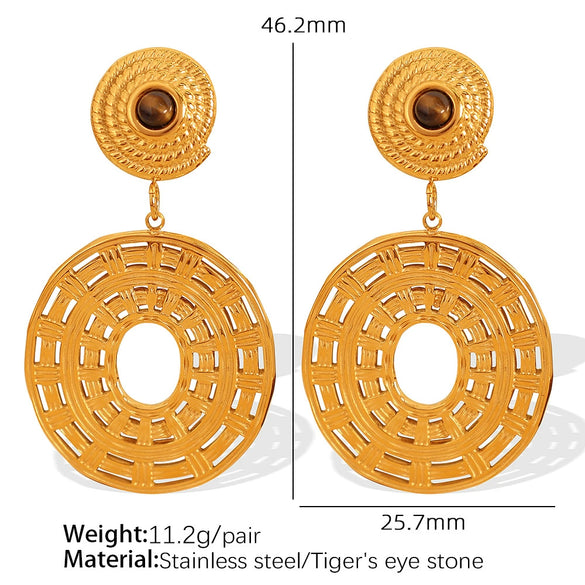 Threaded Disc 316L Stainless Steel Inlaid Natural Stone Earrings With Geometric Design And Electroplating Treatment