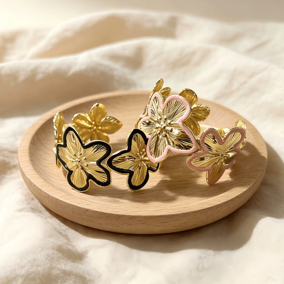 Three Dimensional Floral Enamel Cuff Bracelet With Gilded Finish And Adjustable Open Design For Modern Everyday Styling