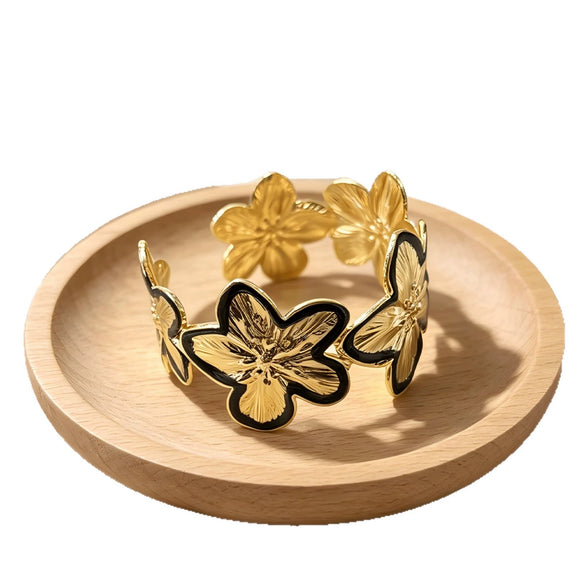 Three Dimensional Floral Enamel Cuff Bracelet With Gilded Finish And Adjustable Open Design For Modern Everyday Styling