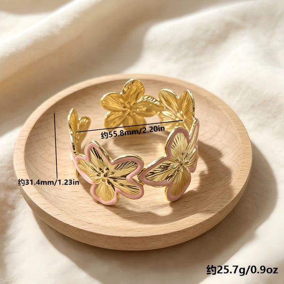 Three Dimensional Floral Enamel Cuff Bracelet With Gilded Finish And Adjustable Open Design For Modern Everyday Styling