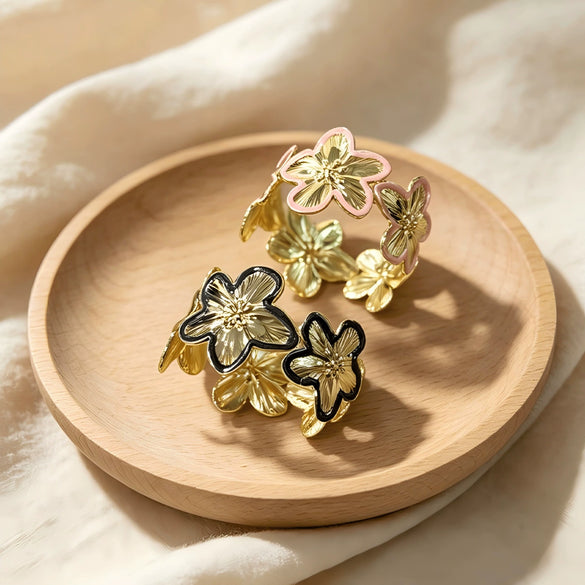 Three Dimensional Floral Enamel Cuff Bracelet With Gilded Finish And Adjustable Open Design For Modern Everyday Styling