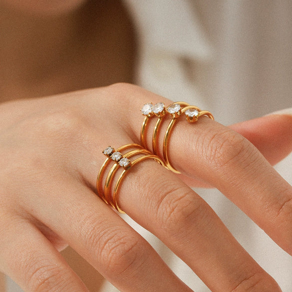 Threelayer Stainless Steel Open Ring Inlaid With Zircon In Geometric Pattern Electroplated Hand Jewelry For Women