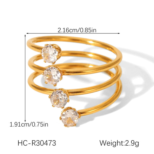 Threelayer Stainless Steel Open Ring Inlaid With Zircon In Geometric Pattern Electroplated Hand Jewelry For Women