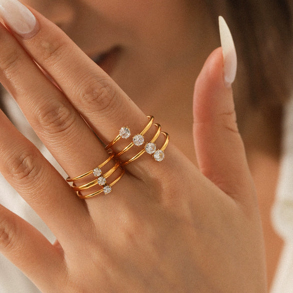 Threelayer Stainless Steel Open Ring Inlaid With Zircon In Geometric Pattern Electroplated Hand Jewelry For Women