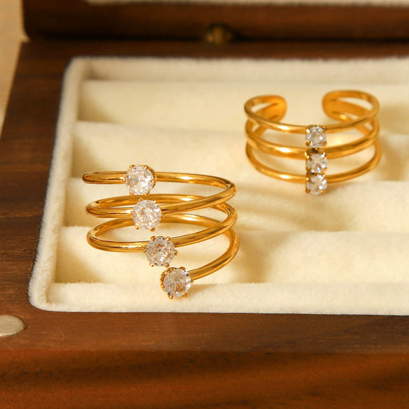 Threelayer Stainless Steel Open Ring Inlaid With Zircon In Geometric Pattern Electroplated Hand Jewelry For Women