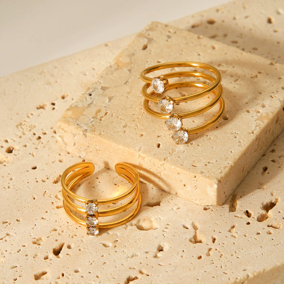 Threelayer Stainless Steel Open Ring Inlaid With Zircon In Geometric Pattern Electroplated Hand Jewelry For Women