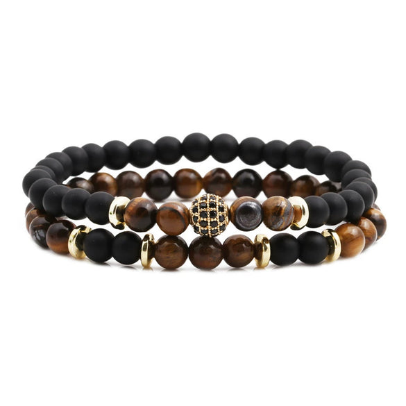 Tiger Eye And Diamond Ball Double Layer Bracelet Copper Material Micro Inlaid Zircon The Crown Pattern Fashion Style Unisex