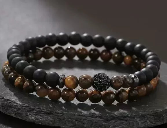 Tiger Eye And Diamond Ball Double Layer Bracelet Copper Material Micro Inlaid Zircon The Crown Pattern Fashion Style Unisex