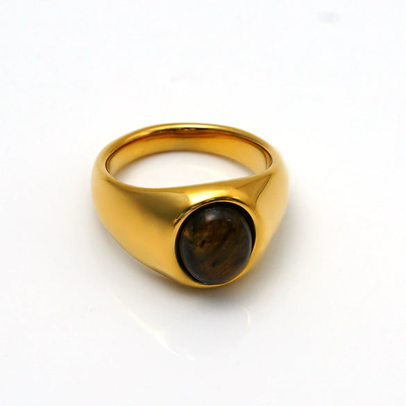 Tiger Eye Stone Oval Stainless Steel Ring With Smooth Electroplated Finish Geometric Retro Style Unisex Jewelry