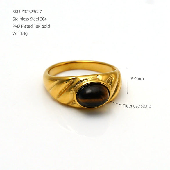 Tiger Eye Stone Oval Stainless Steel Ring With Smooth Electroplated Finish Geometric Retro Style Unisex Jewelry
