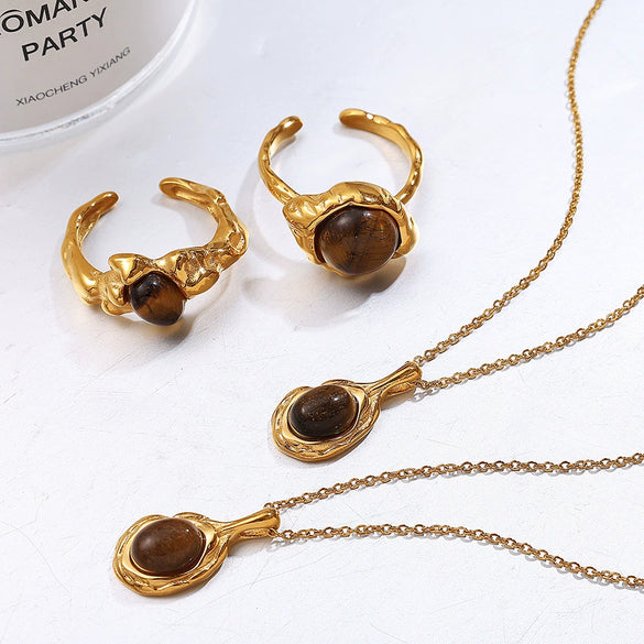 Tiger Eye Stone 316L Stainless Steel Ring And Necklace Electroplated Fashion Ol Design