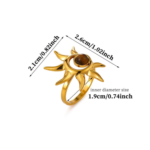 Tiger's Eye Geometric Open Ring With Hammered Sunburst Design And Gold Plated Finish Vintage Unisex Statement Jewelry