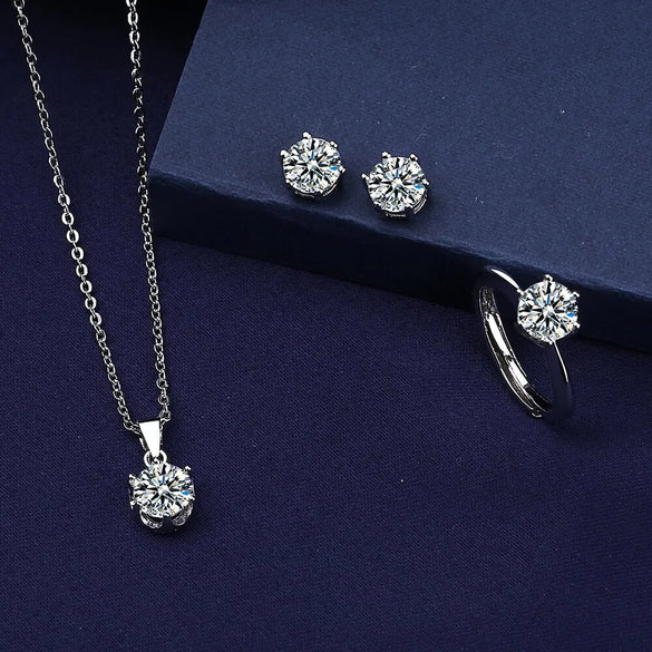 Tiktok Live Supply S925 Silver Classic Six-Claw Imitation Diamond Necklace Ring Earrings Jewelry Suit Combination