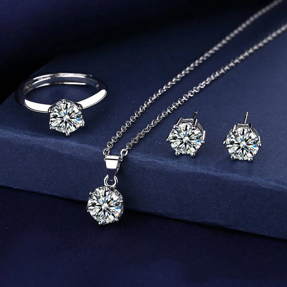 Tiktok Live Supply S925 Silver Classic Six-Claw Imitation Diamond Necklace Ring Earrings Jewelry Suit Combination