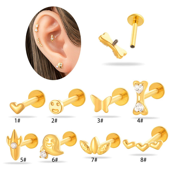 Titanium Alloy Geometric Love Butterfly Inner Teeth Screw Flat Bottom Rod Lip Nail Ear Bone Nail Puncture Jewelry Electroplated