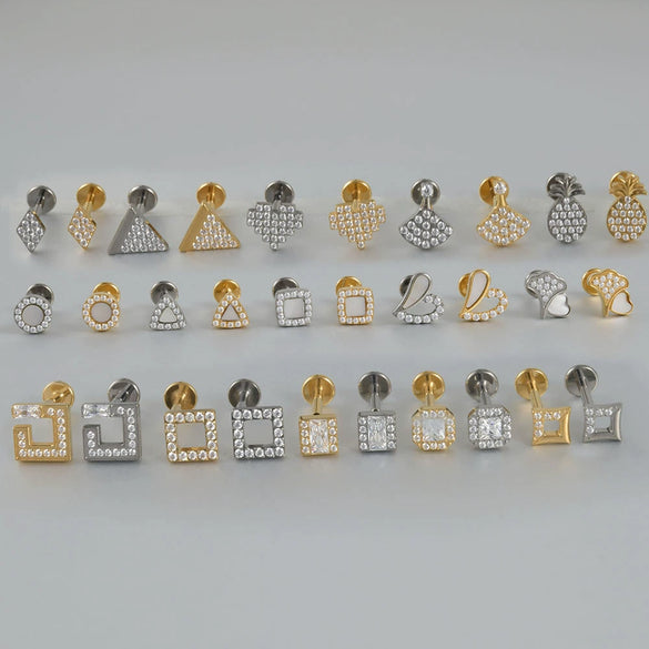Titanium Alloy Geometric Tshaped Inlaid Zircon Lip Nail And Ear Bone Nail Puncture Jewelry With Electroplating