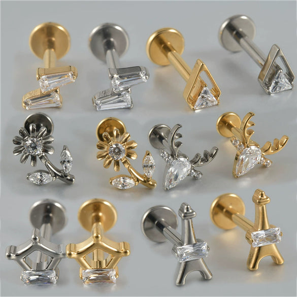 Titanium Alloy Inner Tooth Lip Nail Sunflower Deer Horn Zircon Lip Ring Tshaped Flat Bottom Ear Bone Nail Jewelry Electroplated