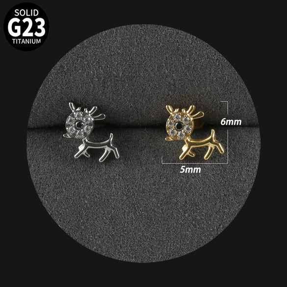 Titanium Alloy Inner Tooth Lip Nail Sunflower Deer Horn Zircon Lip Ring Tshaped Flat Bottom Ear Bone Nail Jewelry Electroplated