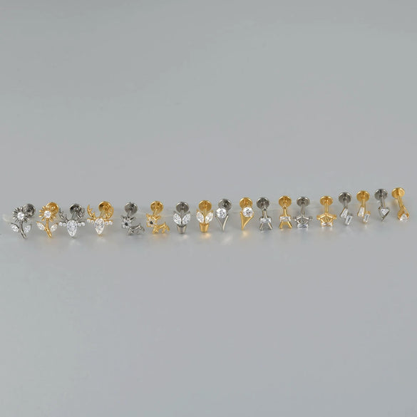 Titanium Alloy Inner Tooth Lip Nail Sunflower Deer Horn Zircon Lip Ring Tshaped Flat Bottom Ear Bone Nail Jewelry Electroplated