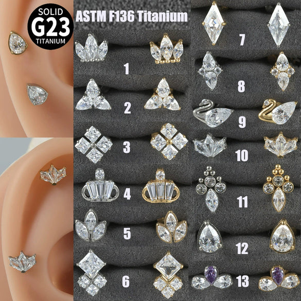 Titanium Alloy Piercing Earrings With Water Drop Rhombus Heart Crown Shape Inlaid Zircon And Electroplating Treatment