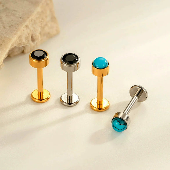 Titanium Alloy Piercing Jewelry Geometric Style Electroplated With Blue Zircon For Unisex