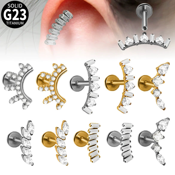 Titanium Lip Ring And Ear Nail Jewelry With Geometric Pattern And Zircon Design