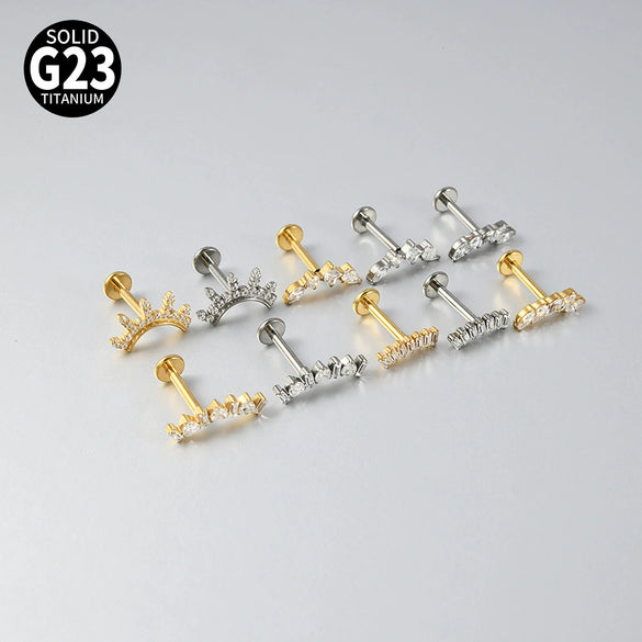 Titanium Lip Ring And Ear Nail Jewelry With Geometric Pattern And Zircon Design