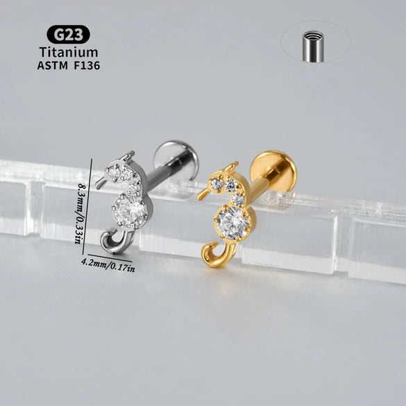 Titanium Seahorse And Flower Pattern Electroplated Curved Chain Earrings Fashion Unisex
