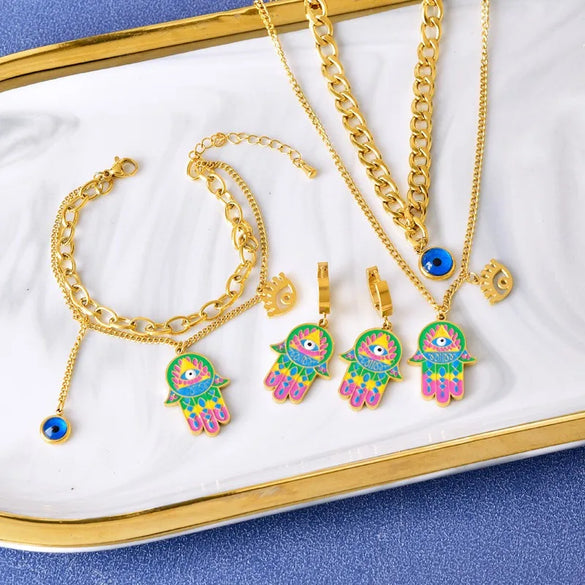Wholesale Jewelry Cartoon Style Cute Devil'S Eye Palm 304 Stainless Steel Titanium Steel 18K Gold Plated Epoxy Plating Earrings Necklace Jewelry Set