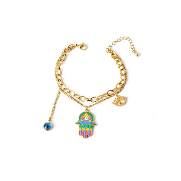 Wholesale Jewelry Cartoon Style Cute Devil'S Eye Palm 304 Stainless Steel Titanium Steel 18K Gold Plated Epoxy Plating Earrings Necklace Jewelry Set