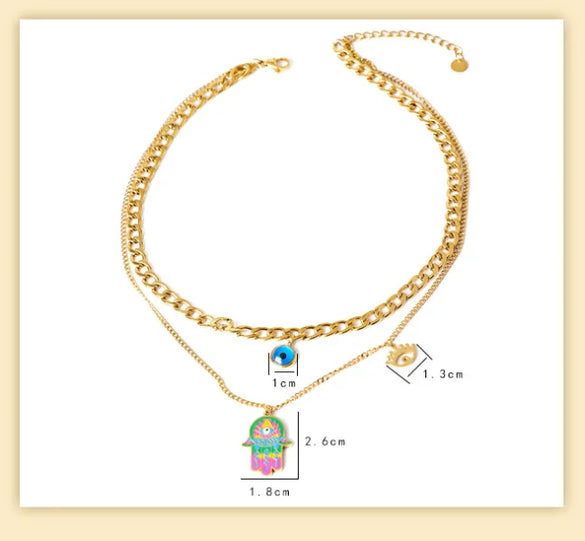 Wholesale Jewelry Cartoon Style Cute Devil'S Eye Palm 304 Stainless Steel Titanium Steel 18K Gold Plated Epoxy Plating Earrings Necklace Jewelry Set