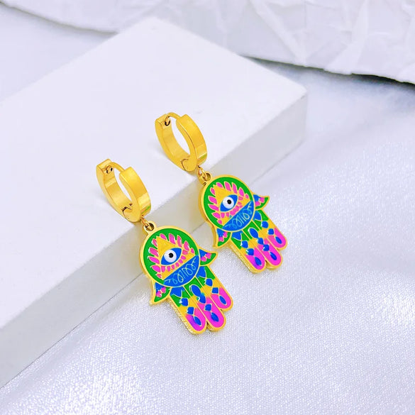 Wholesale Jewelry Cartoon Style Cute Devil'S Eye Palm 304 Stainless Steel Titanium Steel 18K Gold Plated Epoxy Plating Earrings Necklace Jewelry Set